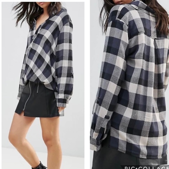 BlankNYC NWT Faux Wrap Plaid High Low Button Down Top Black Gray Size Small - Picture 7 of 11